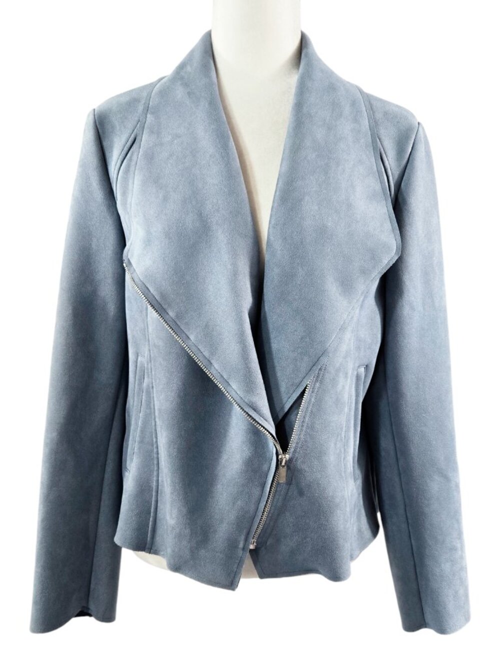 Tahari Dune Blue Faux Suede Moto Zip Cropped Jacket Pockets
